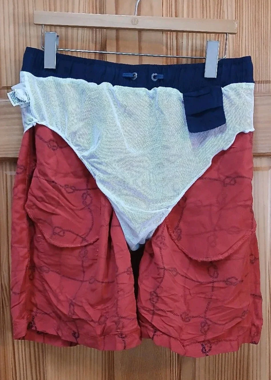 Red LL Bean Cargo Swim Trunks Lined Mens M Navy Blue Adjustable Waist